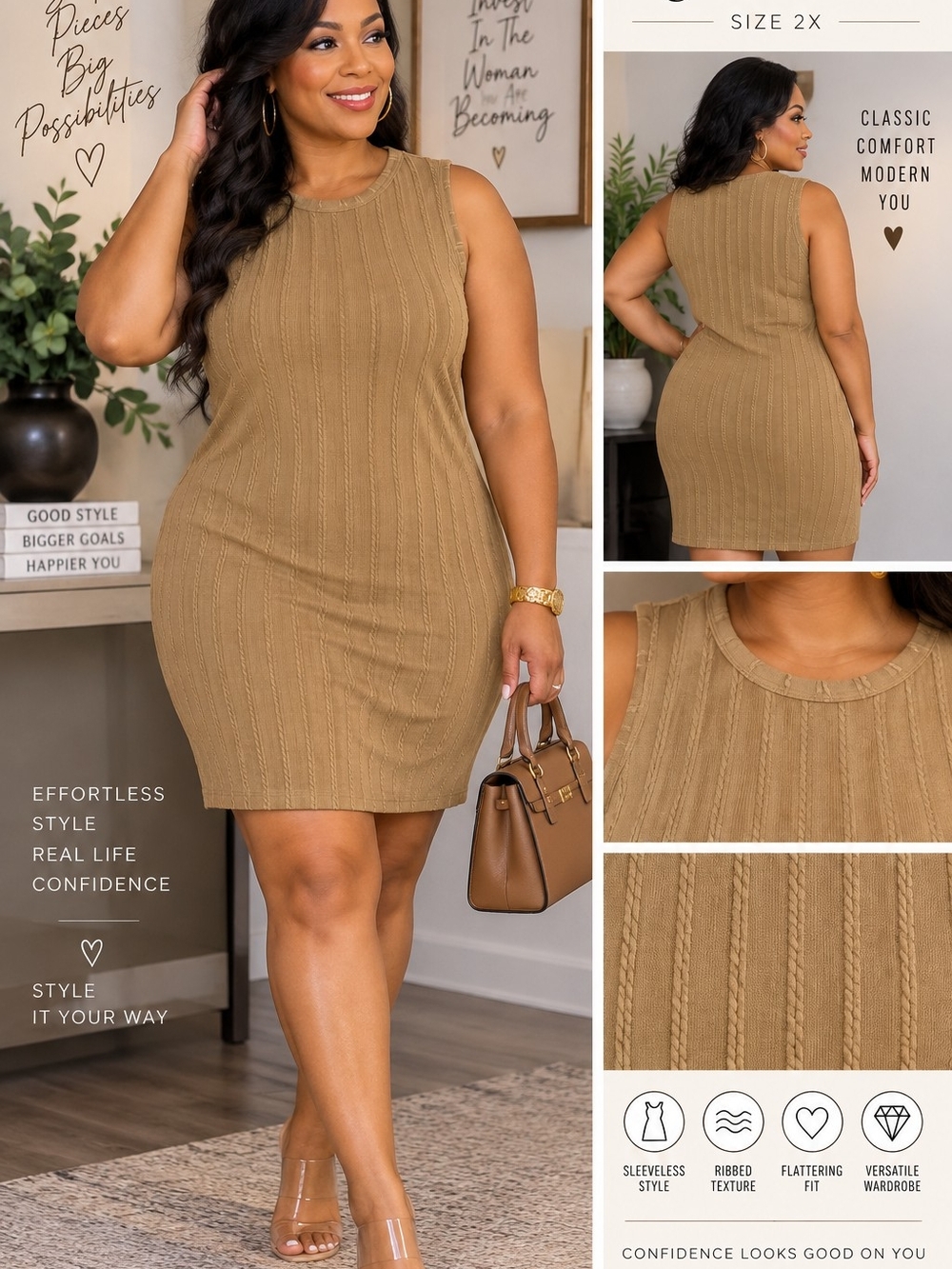 Agnes Orinda NWT 2X Brown Ribbed Knit Sleeveless Bodycon Pencil Dress